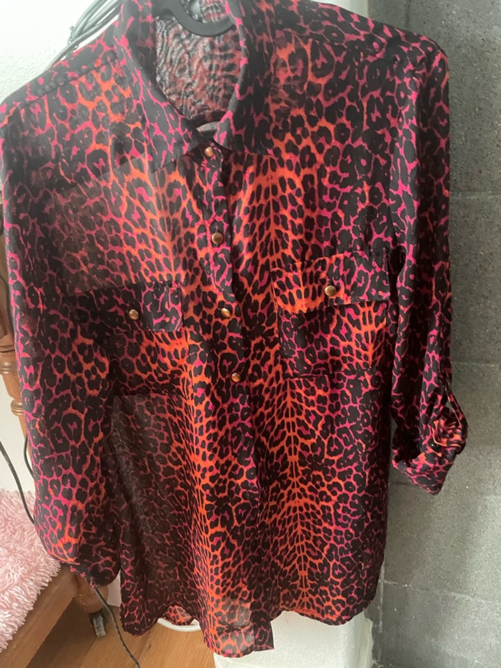 Ali & Kris Black and Magenta Leopard-Print Button Down Shirt